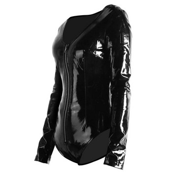 Висококачествено черно дамско секси блестящо PVC боди с дълъг ръкав Гащеризон Ploe Dance Catsuit Екзотично клубно облекло Трико с цип S-XXL
