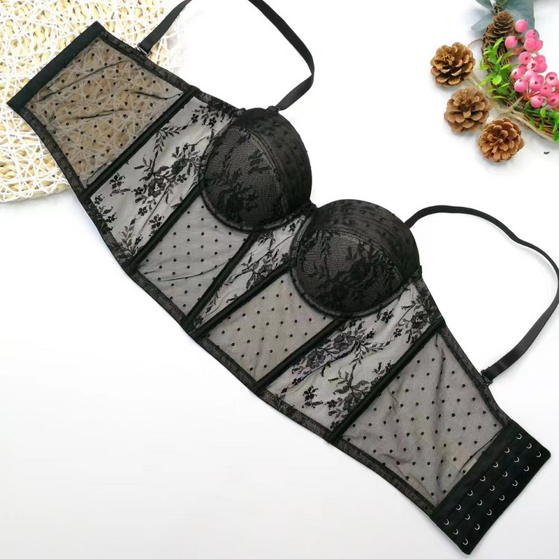 Seksikad ööklubid staniki damskie toruga pitsist võrkkangast läbipaistev kleit korsett kalaluu peal õhuke osa naba seksikas kuum tüdruku vest