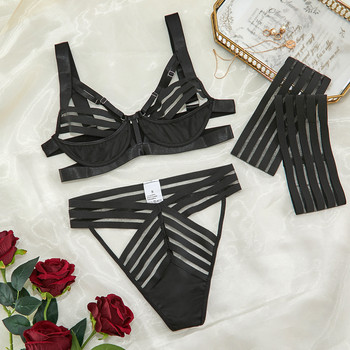 MIRABELLE Секси комплект сутиен с разкроено бельо Дамско бельо от 3 части Черни екзотични костюми Прозрачна превръзка еротично бельо
