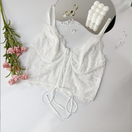 Seksikas pitsmähis rinnakorv lips lühike tikitud õõnsa nabaga vest vest rinnahoidja, naiste lahtine seljaosa sale kalaluu haldjas paagitops naistele