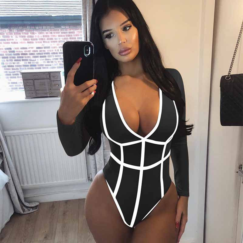Seksikas naiste bodi, pikkade varrukatega V-kaelusega Bodycon Rompers Naiste kombinesoon Kevadsuvi Bodysuits Riided Clubwear Dropshipping 2019