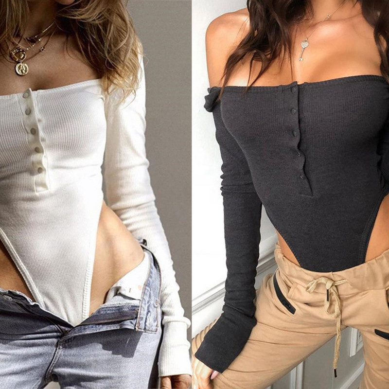 Hlače s otvorenim ramenima Ženski seksi bodi s gumbima i dugim rukavima Uski crno-bijeli kombinezoni Ljeto Jesen 2019.