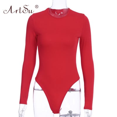 ArtSu 2020 New Women Basic Μασίφ Βερίκοκο Κόκκινο Γκρι Μαύρο Λευκό μακρυμάνικο βαμβακερό κορμάκι Casual Body Jumpsuit Rompers