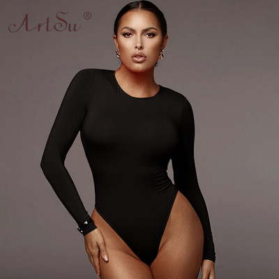 ArtSu 2020 New Women Basic Μασίφ Βερίκοκο Κόκκινο Γκρι Μαύρο Λευκό μακρυμάνικο βαμβακερό κορμάκι Casual Body Jumpsuit Rompers