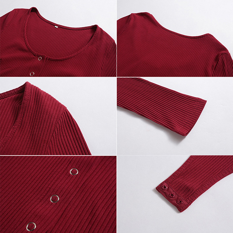 Body cu mânecă lungă pentru femei, sexy, cu nasturi, tricot cu coaste, cu piept joasă, salopetă, body elastic, bandaj, mai sus, barcel solid