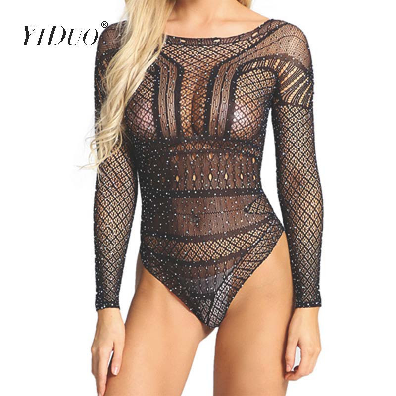 YiDuo Γυναικεία Μαύρα Λευκά Κρυστάλλινα Φορμάκια με Διχτυωτό Στρας Ο-λαιμό μακρυμάνικο Fitness Bodycon Sexy Rompers Hollow Out Body 2020