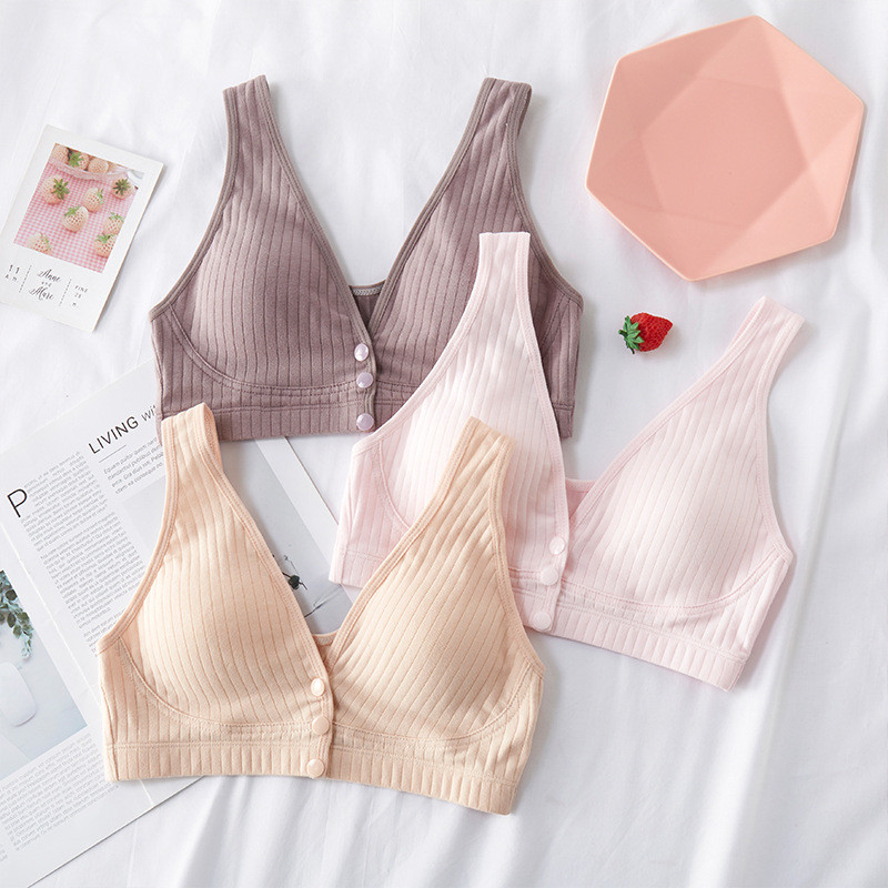 Sanderala Sutiene confortabil din bumbac pentru femei Lenjerie de corp respirabilă Buton frontal fără sârmă Lenjerie solidă căptușită confortabilă Lenjerie de noapte