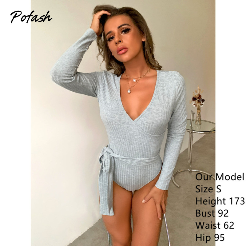 Salopetă cu fundă în dungi gri Pofash, pentru femei, cu decolteu în V, cu mâneci lungi, de toamnă, subțire, ocazională, îmbrăcăminte de stradă, salopete pentru femei 2020