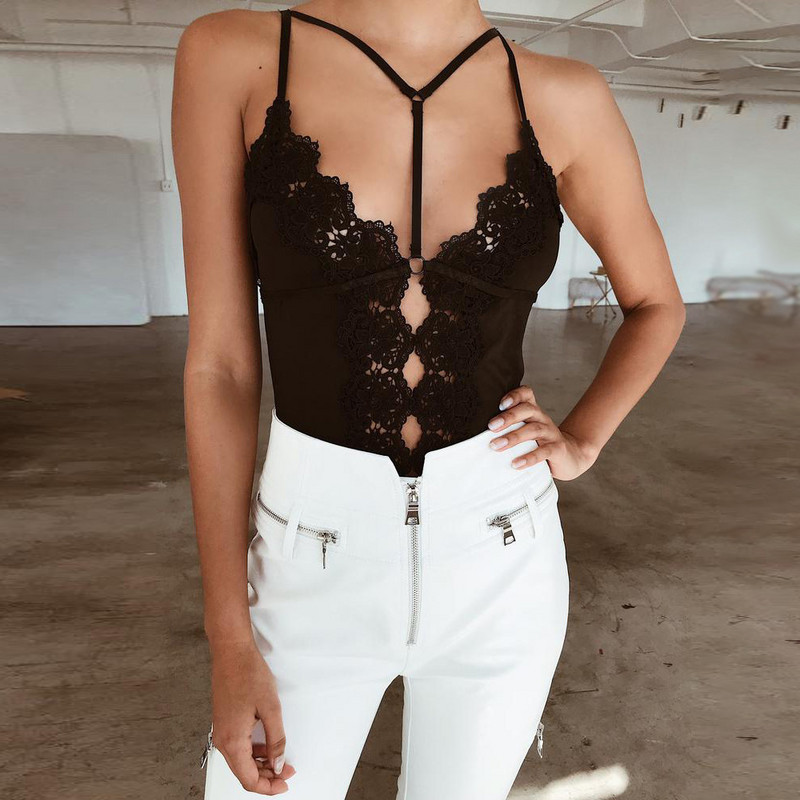 Sweetown Sexy moda femei Body Body Dantela îmbinare grenadine Sling perspectiva salopetă uniformă Sexy Temptation hollow Mesh Colanti