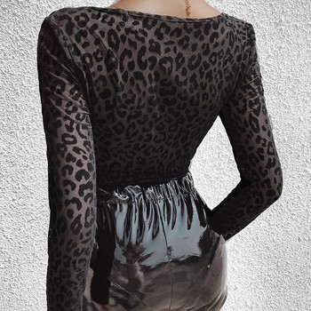 Черно мрежесто боди с леопардово тяло Дамски дрехи Секси бодита за жени Бодита с квадратна яка с дълъг ръкав Тънко едно парче 2020