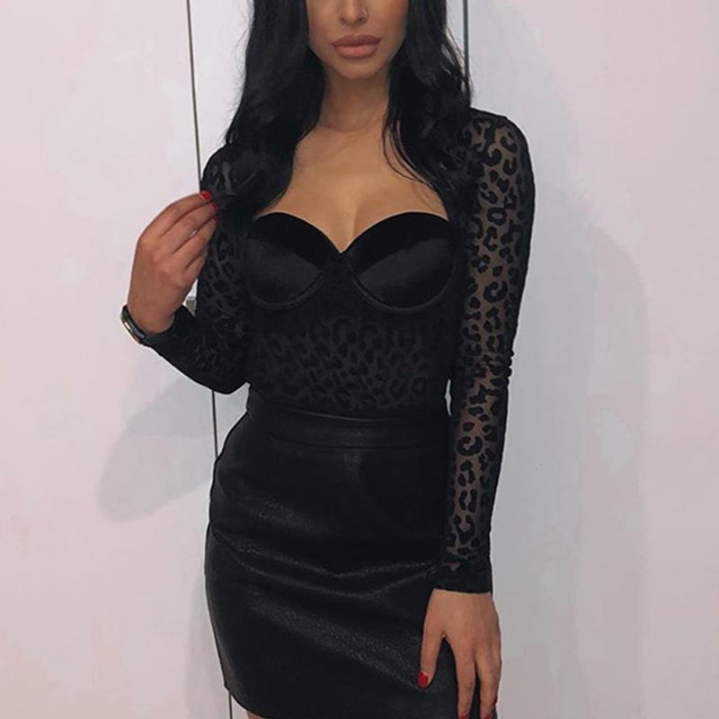 Body cu corp de leopard, cu plasă neagră, haine pentru femei, body sexy pentru femei, cu guler pătrat, cu mânecă lungă, subțire, dintr-o bucată 2020