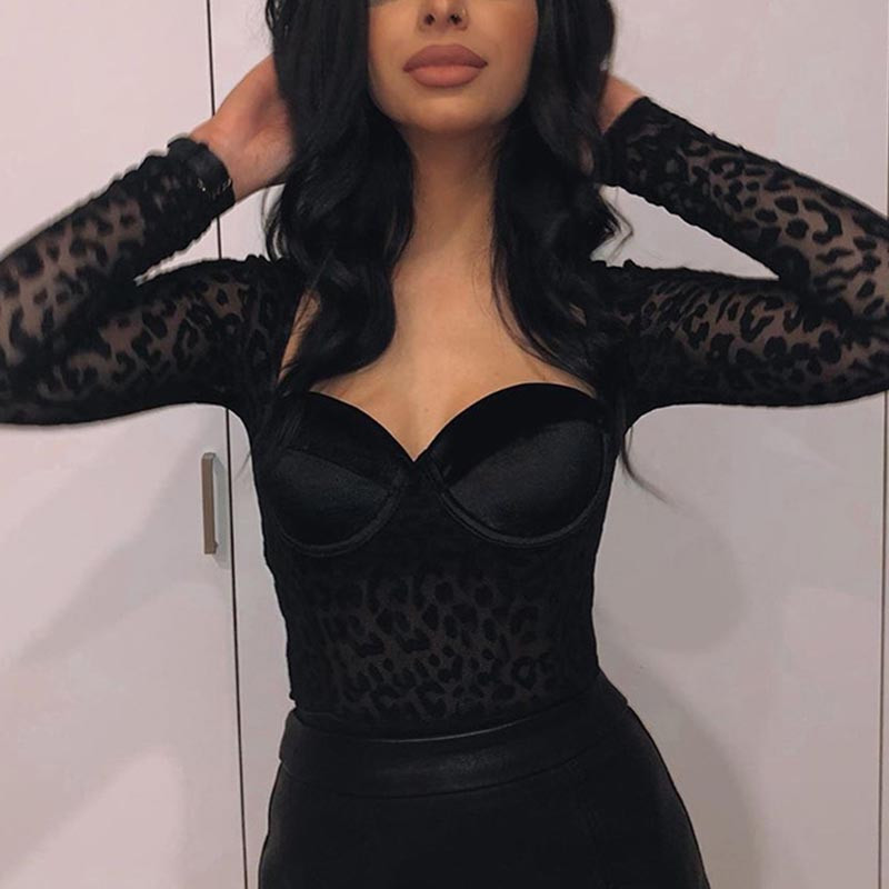 Body cu corp de leopard, cu plasă neagră, haine pentru femei, body sexy pentru femei, cu guler pătrat, cu mânecă lungă, subțire, dintr-o bucată 2020