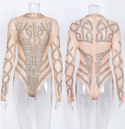 Svjetlucavi kristali Prozirni mrežasti bodi Uski rastezljivi kombinezon Seksi DJ Singe Noćni klub Kostim za pozornicu Odjeća za ples na šipci