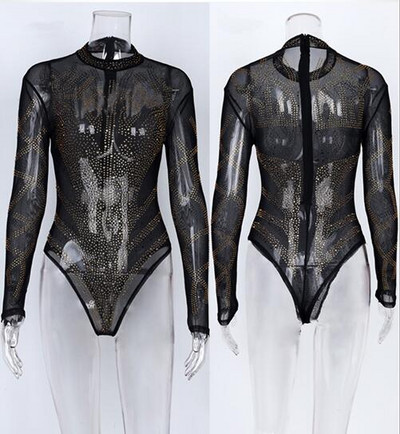 Svjetlucavi kristali Prozirni mrežasti bodi Uski rastezljivi kombinezon Seksi DJ Singe Noćni klub Kostim za pozornicu Odjeća za ples na šipci