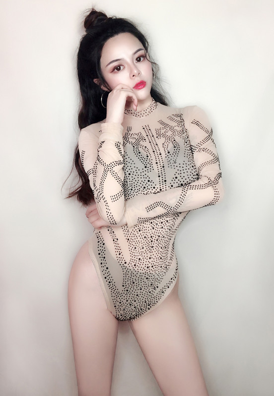 Body cu plasă transparentă cu cristale strălucitoare Salopetă elastică slabă, DJ Singe, club de noapte, bar, costum de scenă, ținute de pole dance