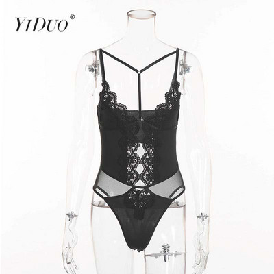 YiDuo Γυναικείο αμάνικο, μαύρο λευκό κορμάκι με δαντέλα, εξώπλατο κούφιο, λουλουδάτο κέντημα από διχτυωτό, ζεστό σέξι κορμάκι με επίδεσμο One Piece