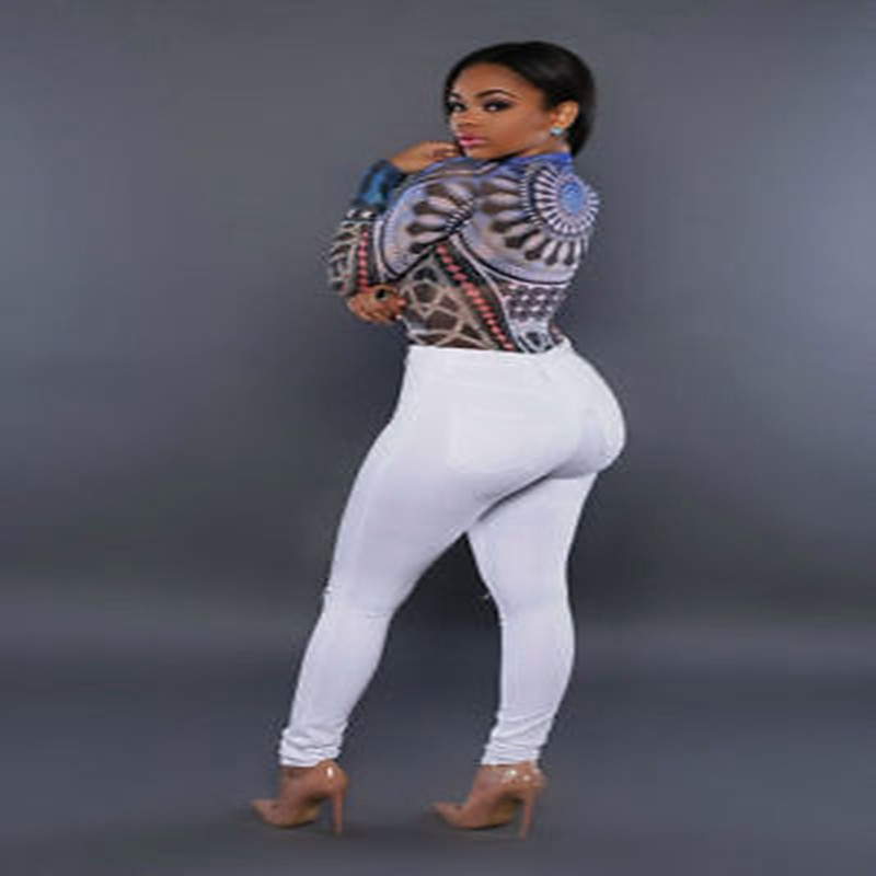 Body elastic cu imprimeu tribal tatuaj pentru femei, cu plasă transparentă, cu mâneci lungi, cu mâneci lungi