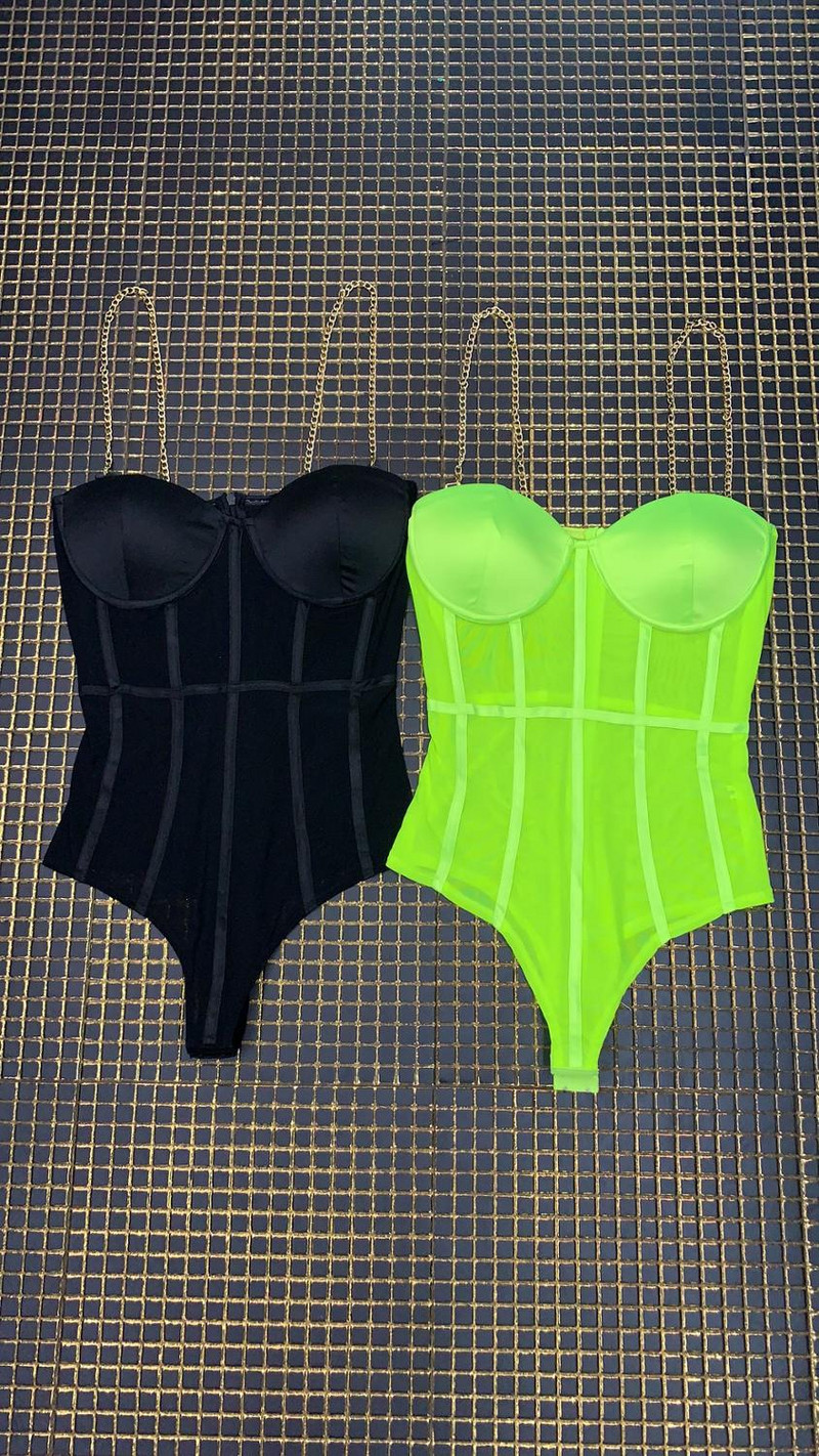 Naiste metallist ketirihmad seljata Bodi, must võrkroheline läbipaistev seksikas Bodycon Jumpsuit Club Party Wear Body