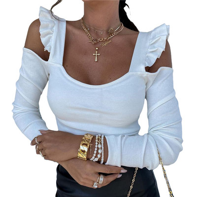 Naiste seksikas volangrihmaga bodi, vabaaja külmade õlgadega pikkade varrukatega ühevärviline Bodycon trikootop