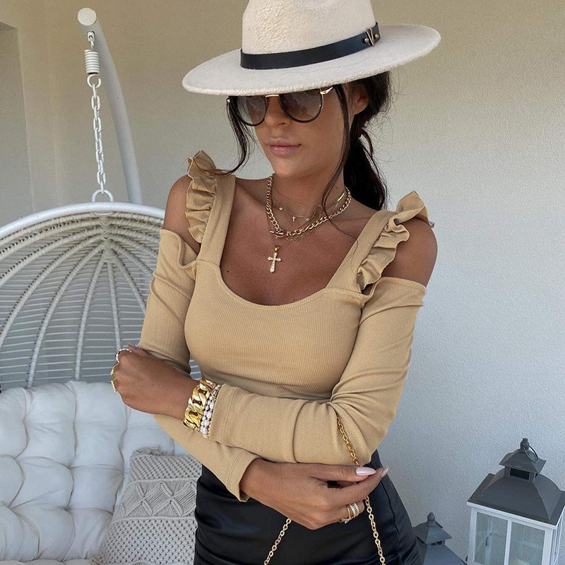 Naiste seksikas volangrihmaga bodi, vabaaja külmade õlgadega pikkade varrukatega ühevärviline Bodycon trikootop