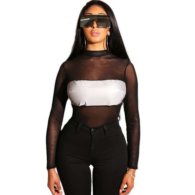 Body Feminino Sexy Mesh Bodysuit Trikood Naiste Elegantne Must Patchwork Läbipaistev kõhn pikkade varrukatega Bodycon Jumpsuit Club Wear