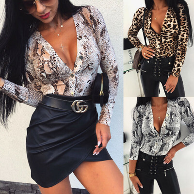Body cu imprimeu leopard din piele de șarpe, cu decolteu în V adânc, sexy pentru femei