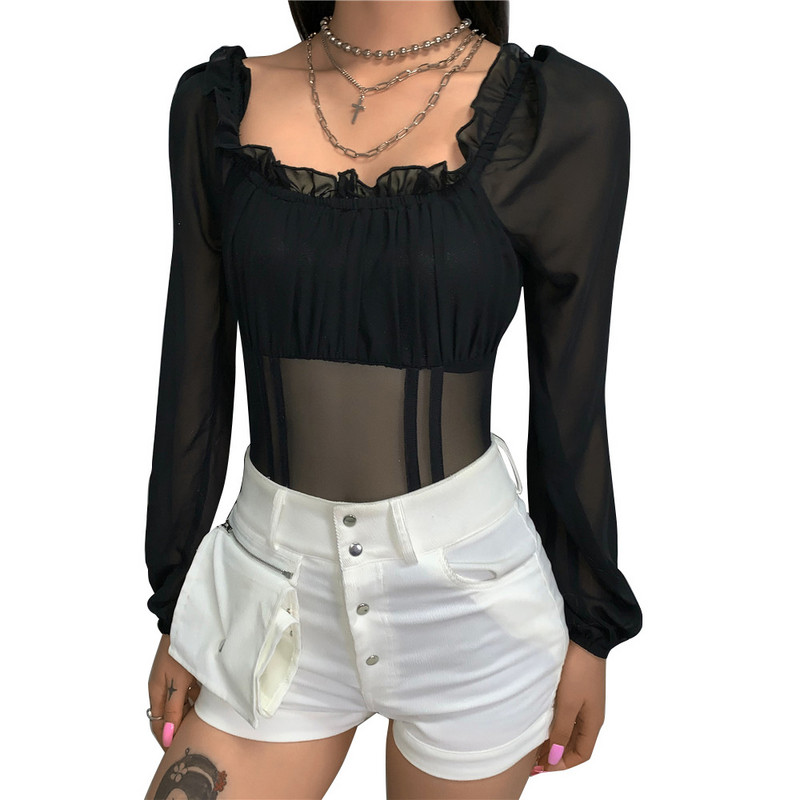 Body negru sexy în formă de plasă cu geometrie, fără sutien, cu mânecă lungă, cu talie mijlocie, body de vară pentru femei, noaptea în afara D190733