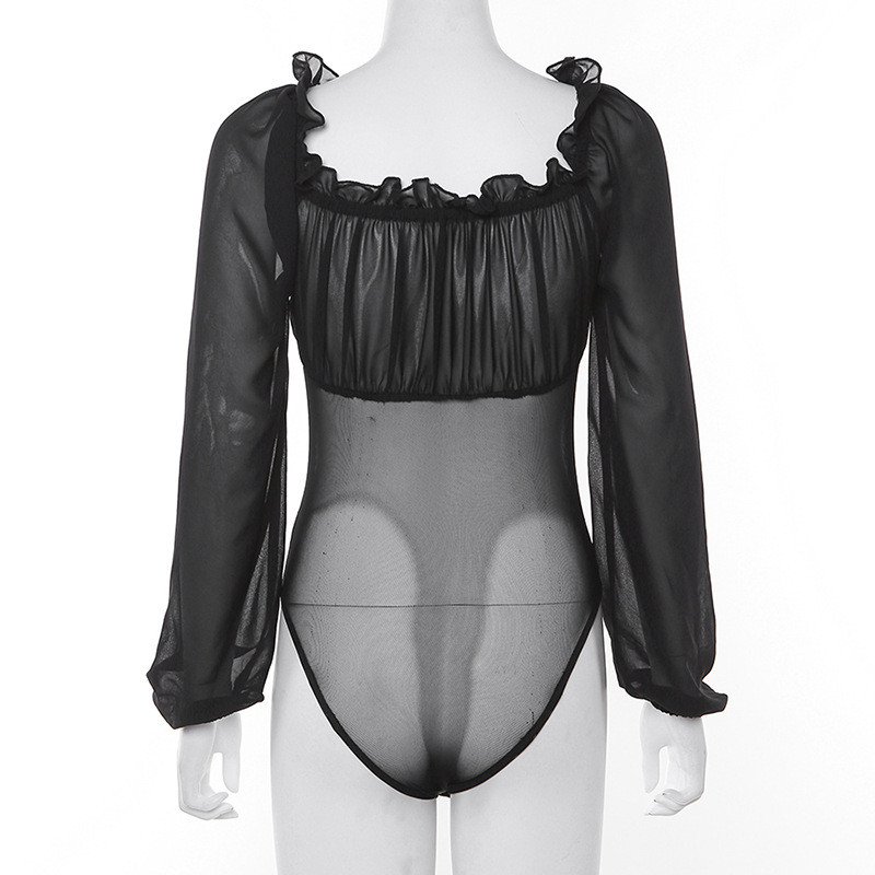 Body negru sexy în formă de plasă cu geometrie, fără sutien, cu mânecă lungă, cu talie mijlocie, body de vară pentru femei, noaptea în afara D190733