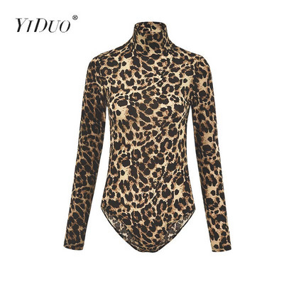 Body cu imprimeu animale leopard YiDuo pentru femei, sexy, slăbănog, pentru femei, cu mâneci lungi, pe gât, pe stradă, salopete pentru petrecere de club