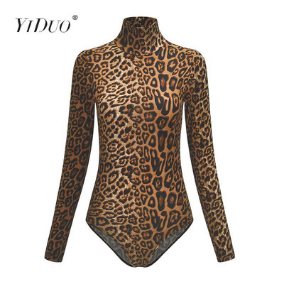 Body cu imprimeu animale leopard YiDuo pentru femei, sexy, slăbănog, pentru femei, cu mâneci lungi, pe gât, pe stradă, salopete pentru petrecere de club