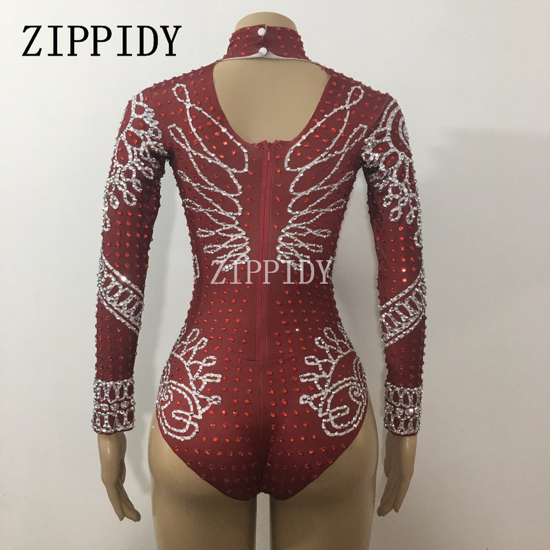 Modni seksi svjetlucavi bodi s crvenim crnim kristalima Ženska odjeća Plesna pozornica Kostim za noćni klub Pjevačica lijep triko