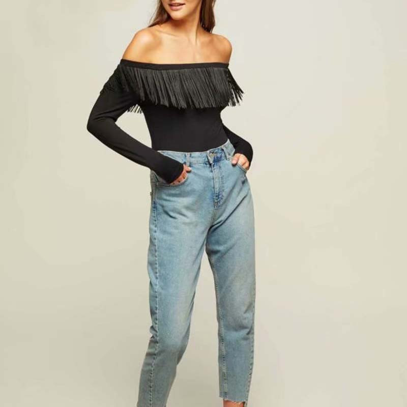 HStar Ανοιξιάτικα μακρυμάνικα σέξι κορμάκια Φούντες Γυναικεία κοκαλιάριστη λαιμόκοψη Skinny κορμάκια Casual Elastic Lady Rompers 2020