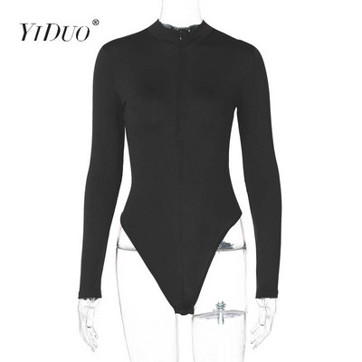 Body cu mânecă lungă YiDuo, cu fermoar în față, cu decolteu O, ocazional, pentru femei, toamnă iarna 2020, salopetă elastică, elastică, sexy