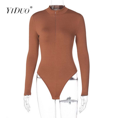 Body cu mânecă lungă YiDuo, cu fermoar în față, cu decolteu O, ocazional, pentru femei, toamnă iarna 2020, salopetă elastică, elastică, sexy