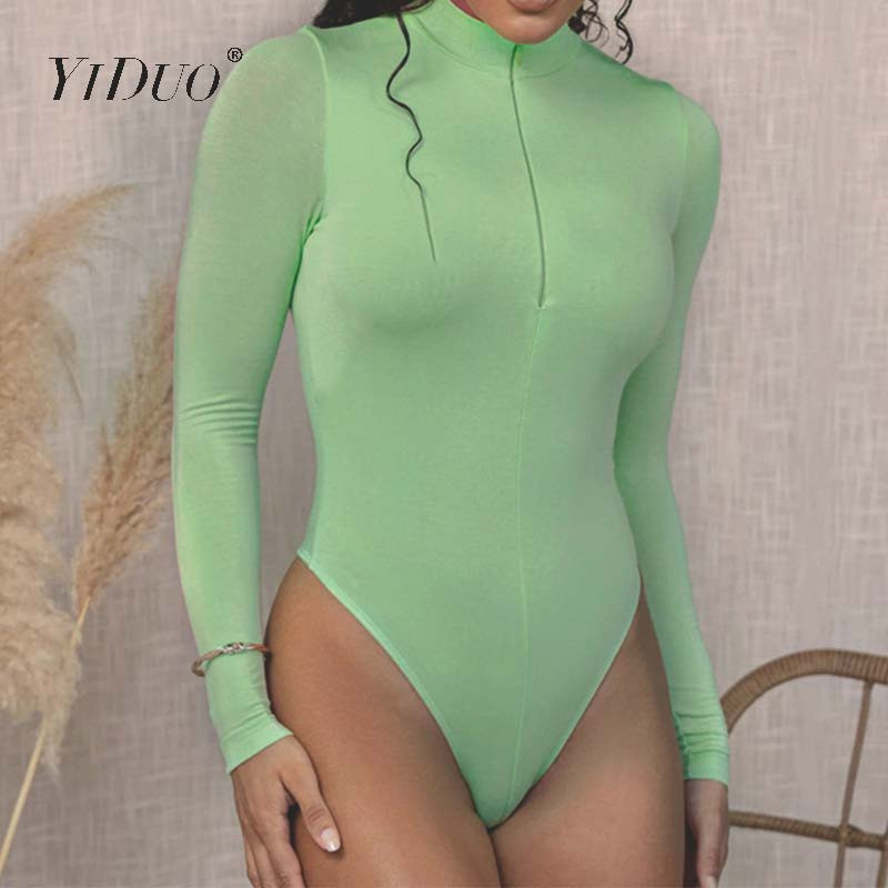 Body cu mânecă lungă YiDuo, cu fermoar în față, cu decolteu O, ocazional, pentru femei, toamnă iarna 2020, salopetă elastică, elastică, sexy