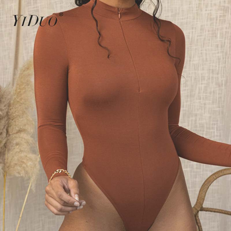 Body cu mânecă lungă YiDuo, cu fermoar în față, cu decolteu O, ocazional, pentru femei, toamnă iarna 2020, salopetă elastică, elastică, sexy