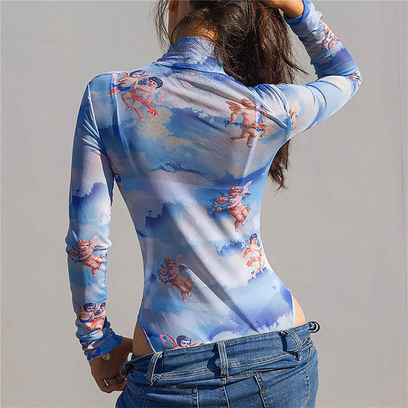 Salopete de damă Salopete cu imprimeu cu înger Salopete cu mânecă întreagă Salopete subțiri sexy din plasă Primăvară și vară 2020 Nou Blue