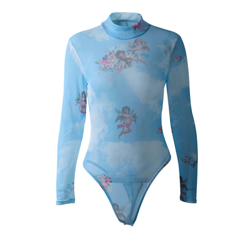 Salopete de damă Salopete cu imprimeu cu înger Salopete cu mânecă întreagă Salopete subțiri sexy din plasă Primăvară și vară 2020 Nou Blue