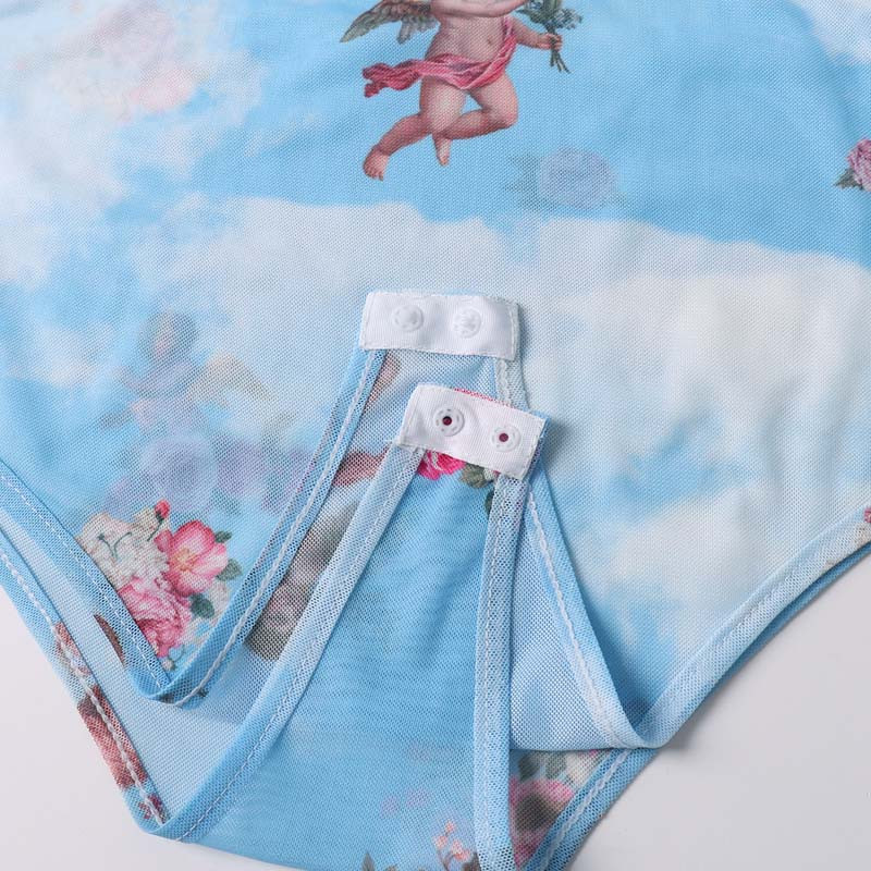 Salopete de damă Salopete cu imprimeu cu înger Salopete cu mânecă întreagă Salopete subțiri sexy din plasă Primăvară și vară 2020 Nou Blue