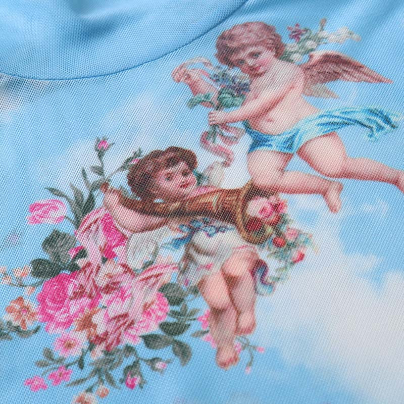 Salopete de damă Salopete cu imprimeu cu înger Salopete cu mânecă întreagă Salopete subțiri sexy din plasă Primăvară și vară 2020 Nou Blue