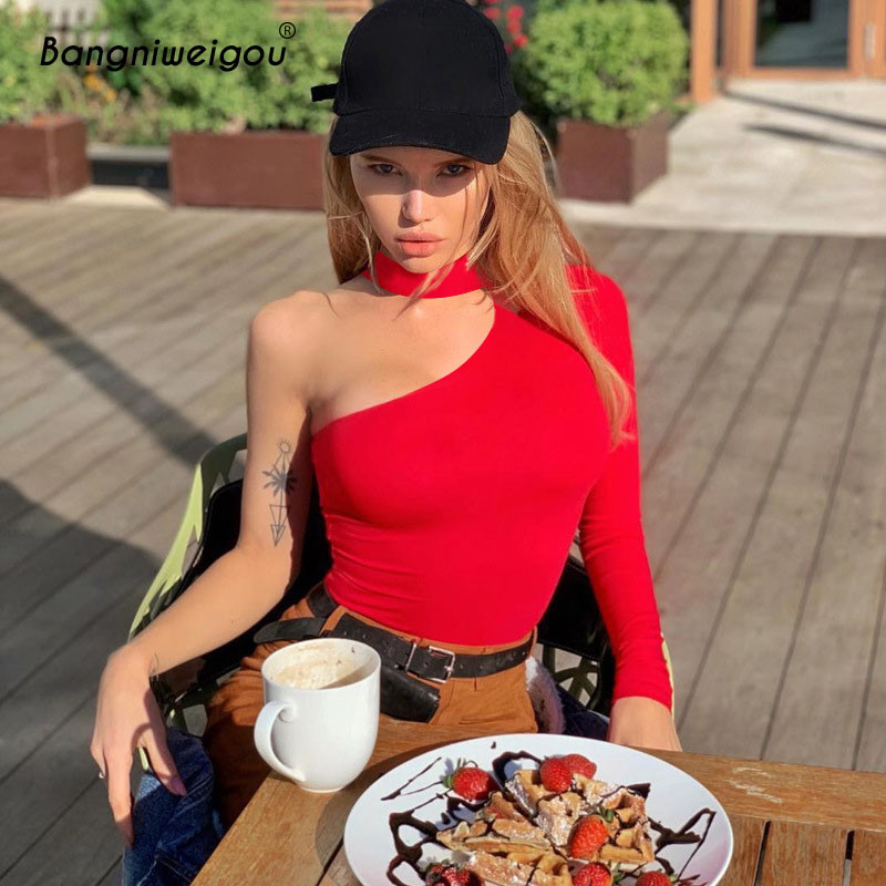 Bangniweigou Decupat de primăvară Body sexy cu mânecă lungă cu un umăr Gât cu șarmuire Salopetă elegantă Alb Negru Roșu