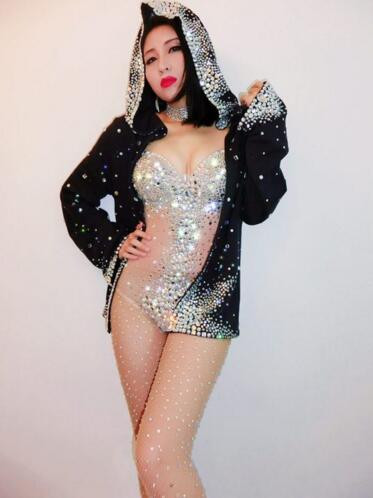 Μόδα σέξι Rhinestone Leotard Μαύρο νυχτερινό κλαμπ Χορευτικά φορμάκια Εξωτερικά ενδύματα Prom Celebrate Outfit Outfit Performance