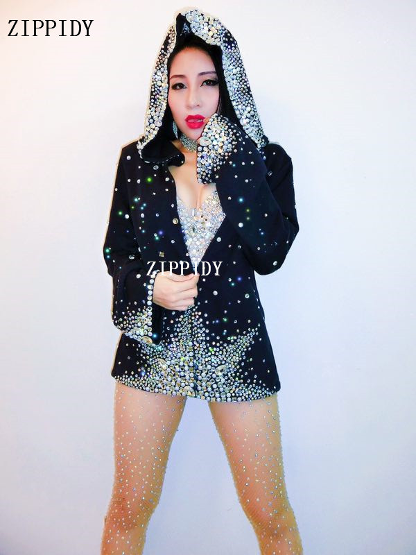 Μόδα σέξι Rhinestone Leotard Μαύρο νυχτερινό κλαμπ Χορευτικά φορμάκια Εξωτερικά ενδύματα Prom Celebrate Outfit Outfit Performance