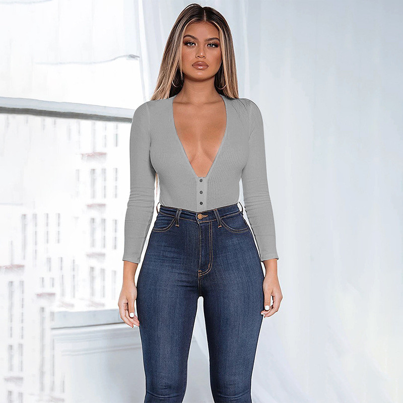 Φθινοπωρινό γυναικείο πουκάμισο σιαμέζικο κορμάκι casual μεταλλικό κουμπάκι με μασίφ βαθύ V μακρύ μανίκι από βαμβακερό λάκκο τρίγωνο φόρμα για γυναίκες