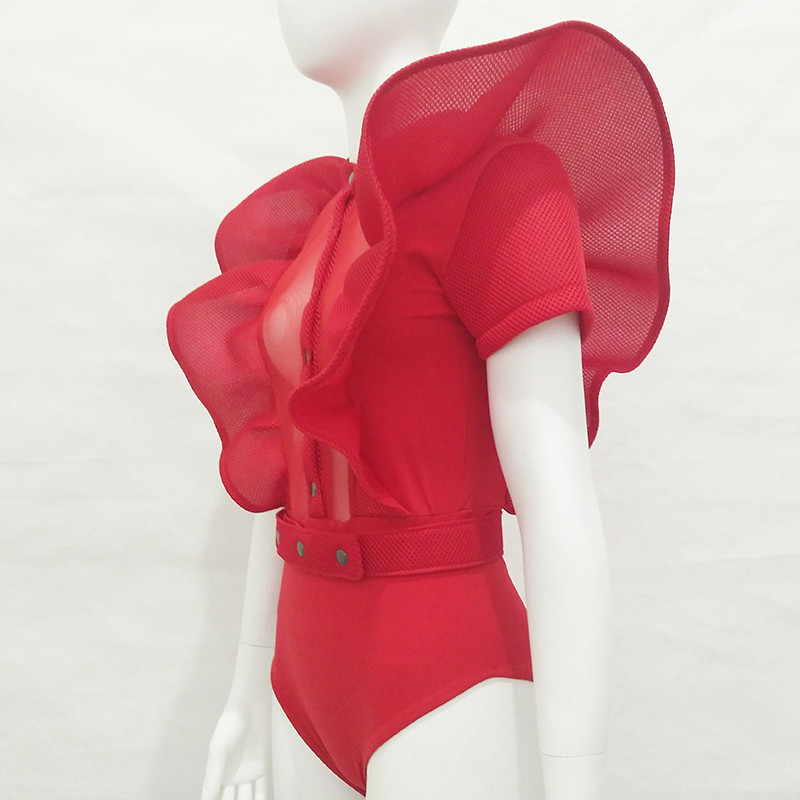 Body sexy Slergiri cu plasă transparentă pentru femei, negru, elegant, cu volan, cu nasturi, cu guler stand, talie înaltă, pentru petrecere, pentru femei