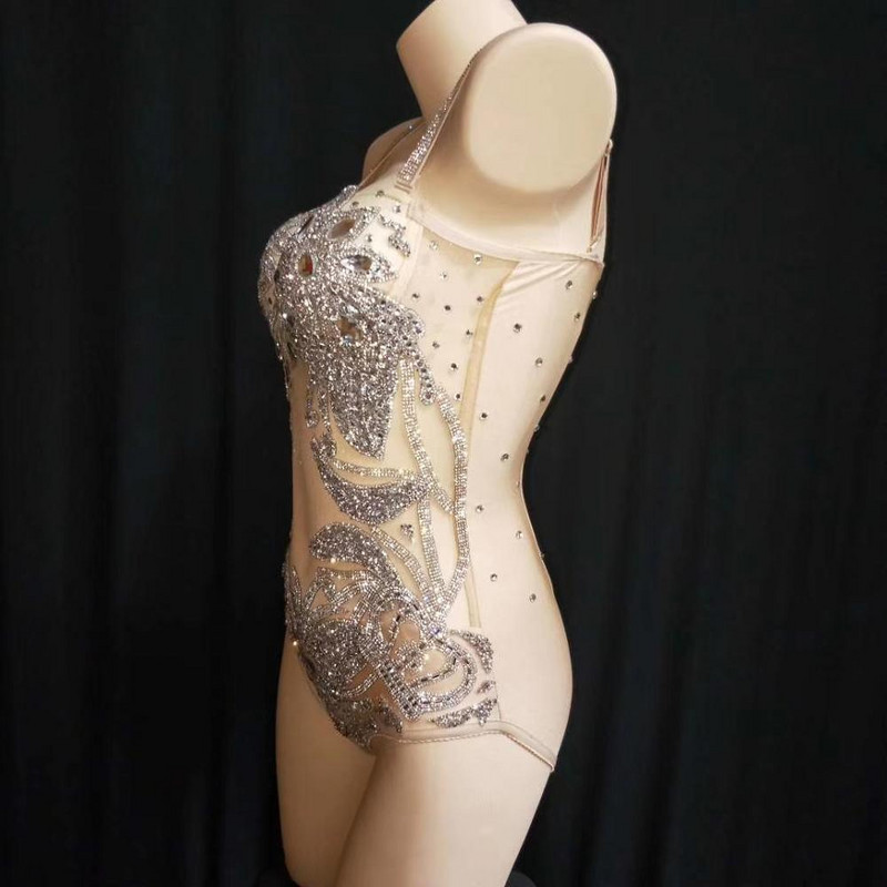 Club de noapte petrecere sărbătoare dansator costume de scenă body sexy cu pene de cristal femei cântăreață purta acrobații pole dance tricou