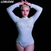 Body cu mâneci lungi, alb, peal, sexy, pentru femei, bal, sărbătoare de naștere, body skinny, club de noapte, cântăreț, dansator, costum de spectacol DJ
