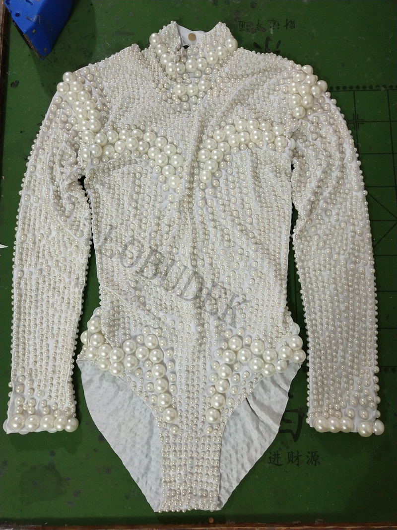 Body cu mâneci lungi, alb, peal, sexy, pentru femei, bal, sărbătoare de naștere, body skinny, club de noapte, cântăreț, dansator, costum de spectacol DJ