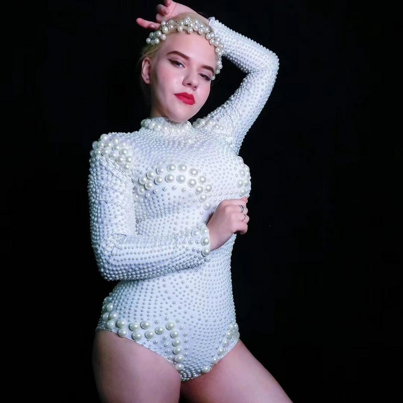 Body cu mâneci lungi, alb, peal, sexy, pentru femei, bal, sărbătoare de naștere, body skinny, club de noapte, cântăreț, dansator, costum de spectacol DJ