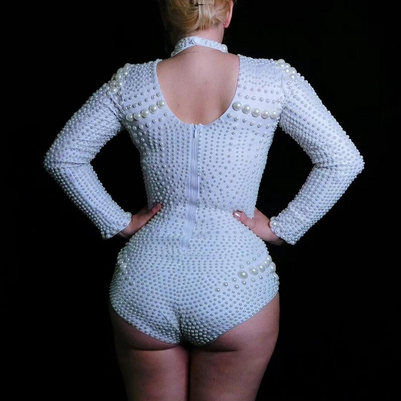 Body cu mâneci lungi, alb, peal, sexy, pentru femei, bal, sărbătoare de naștere, body skinny, club de noapte, cântăreț, dansator, costum de spectacol DJ
